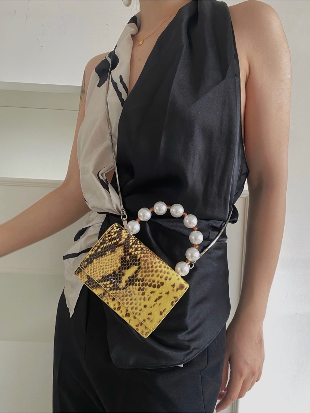 Suddenly Sneezed ISS Yellow Snakeskin Pearl Handle Mini Bag
